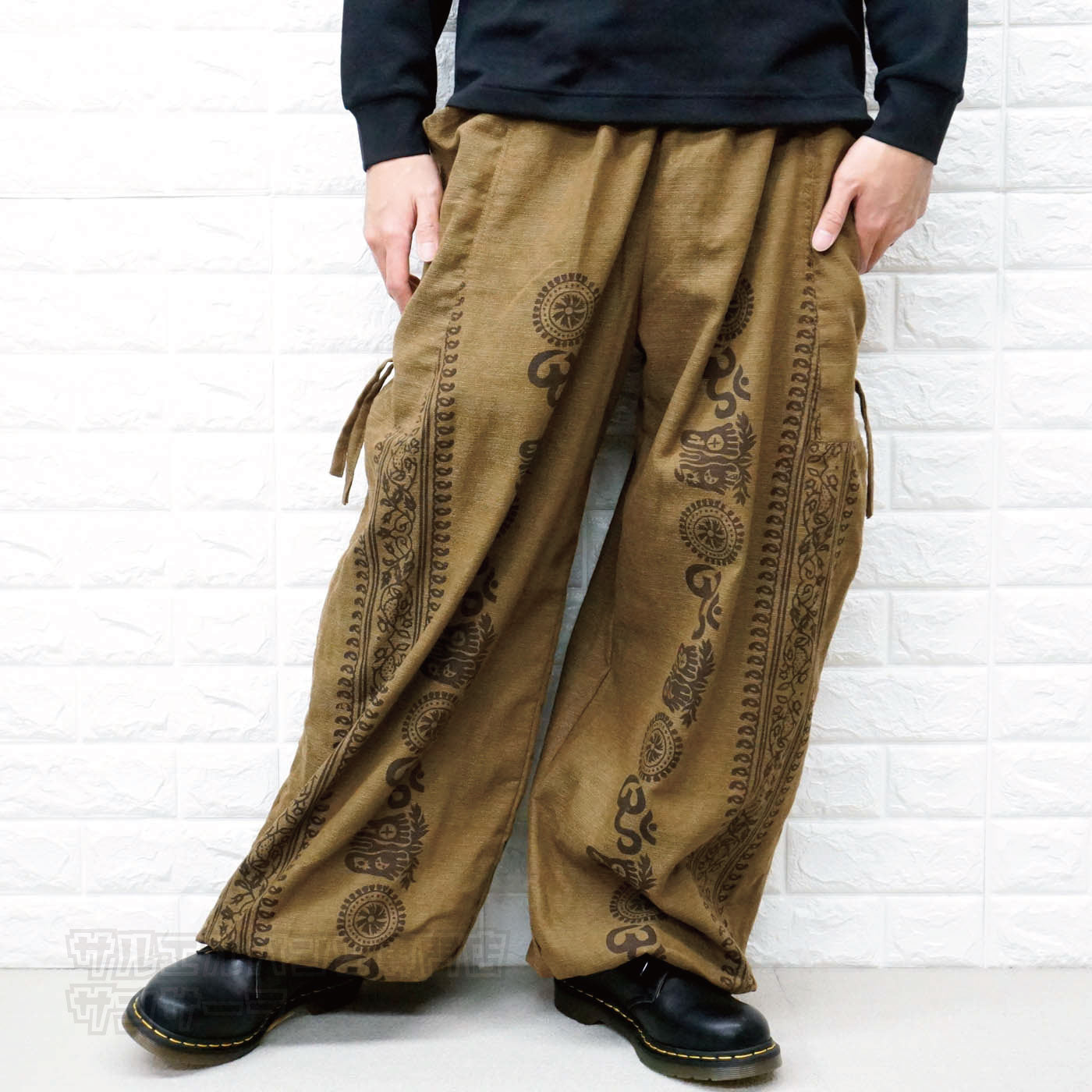 カーゴパンツ サルエルパンツ 大きいサイズ レディース メンズ パンツ ワイドパンツ ダンス 民族柄 エスニックブラック