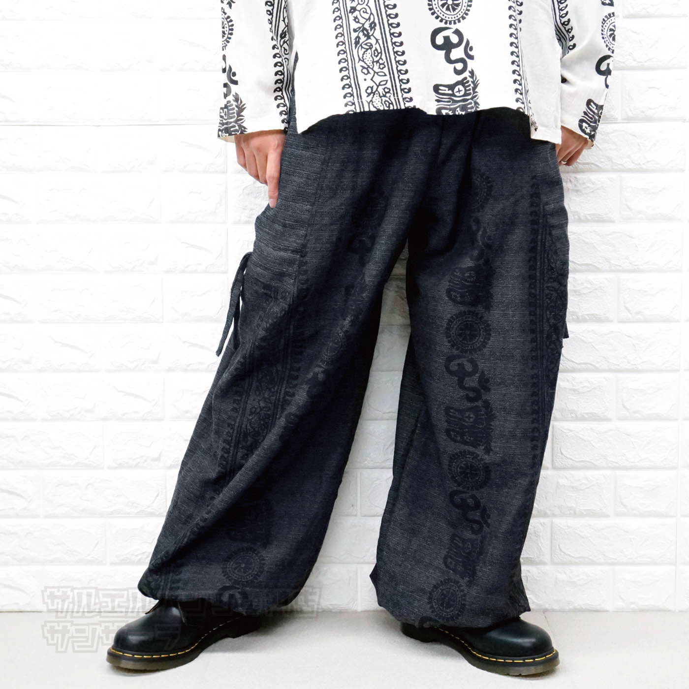 カーゴパンツ サルエルパンツ 大きいサイズ レディース メンズ パンツ ワイドパンツ ダンス 民族柄 エスニックブラック