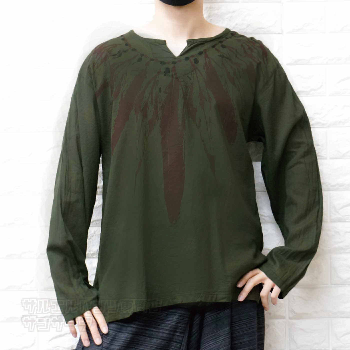 エスニック Tシャツ 長袖 クルタシャツ トップス メンズ レディース ユニセックス フェザー 羽根 大きめサイズ ゆったり アジアン ファッションブラック