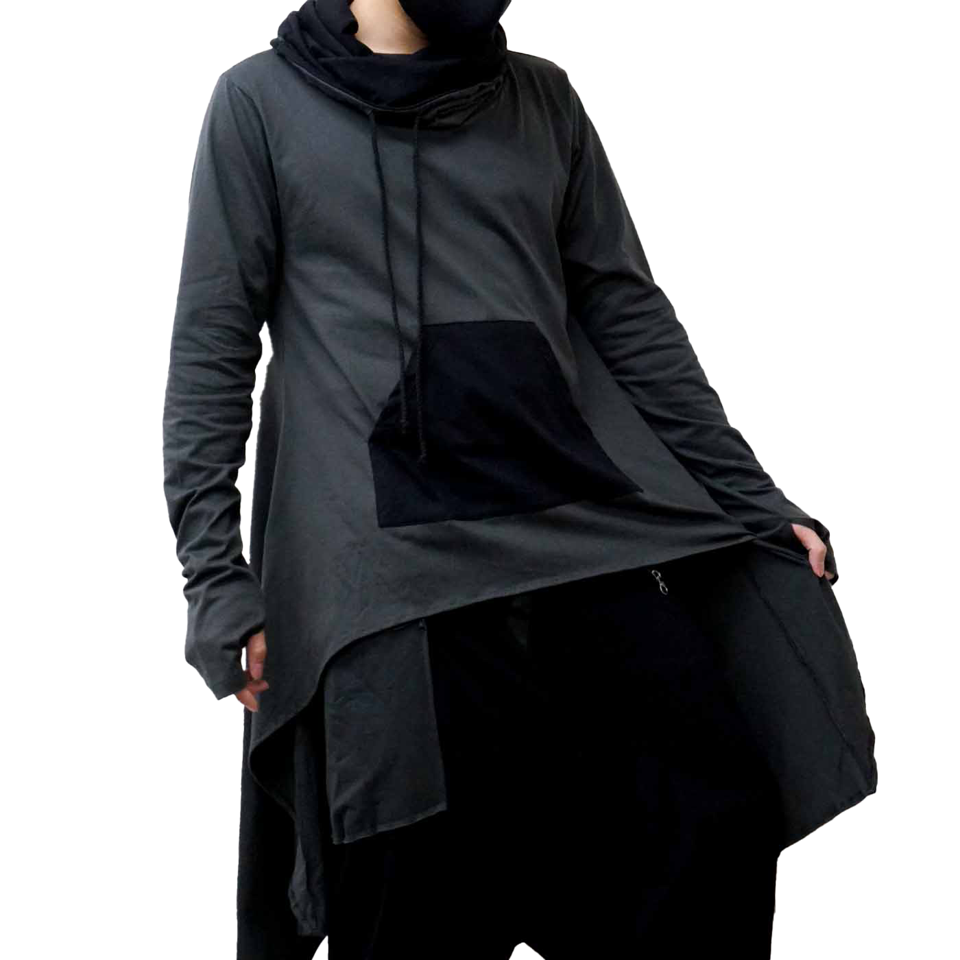 ロングコート アウター トップス メンズ レディース モード系 V系 サロン系 黒 変形アウター 韓国 ストリート ファッション 薄手ブラック