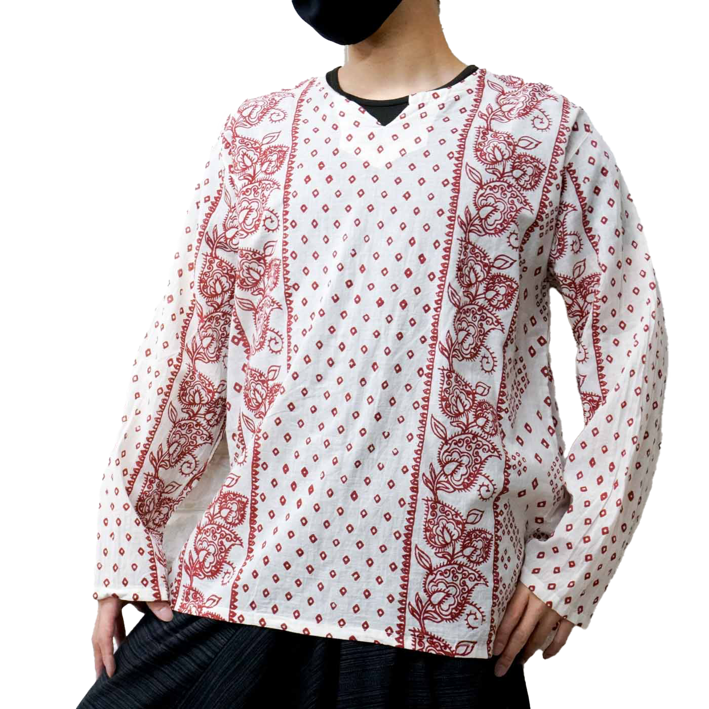 エスニック Tシャツ 長袖 クルタシャツ トップス メンズ レディース ユニセックス 花柄 フラワー 大きめサイズ ゆったり アジアン ファッションブラック