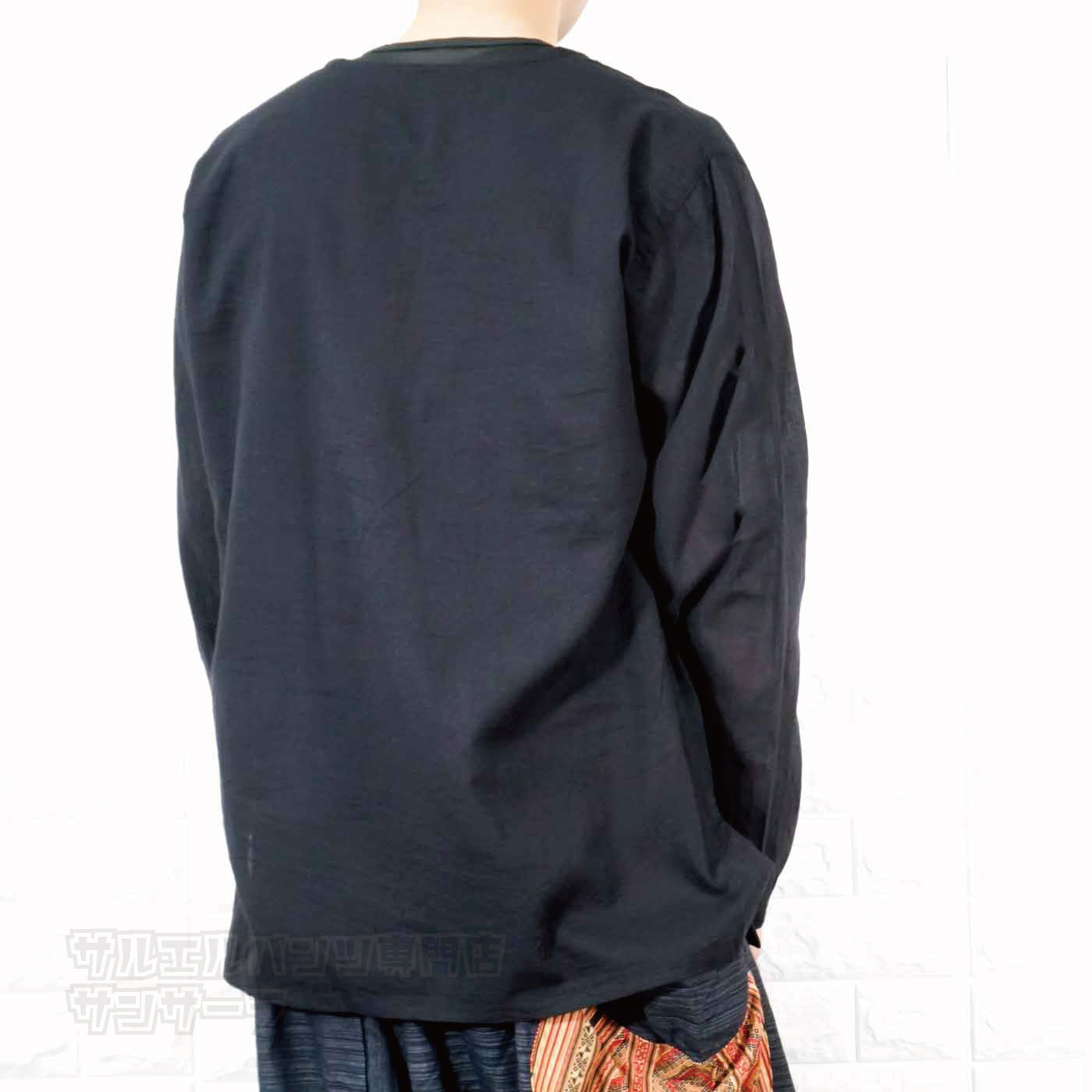 エスニック Tシャツ 長袖 クルタシャツ トップス メンズ レディース ユニセックス 渦巻き 大きめサイズ ゆったり アジアン ファッションブラック