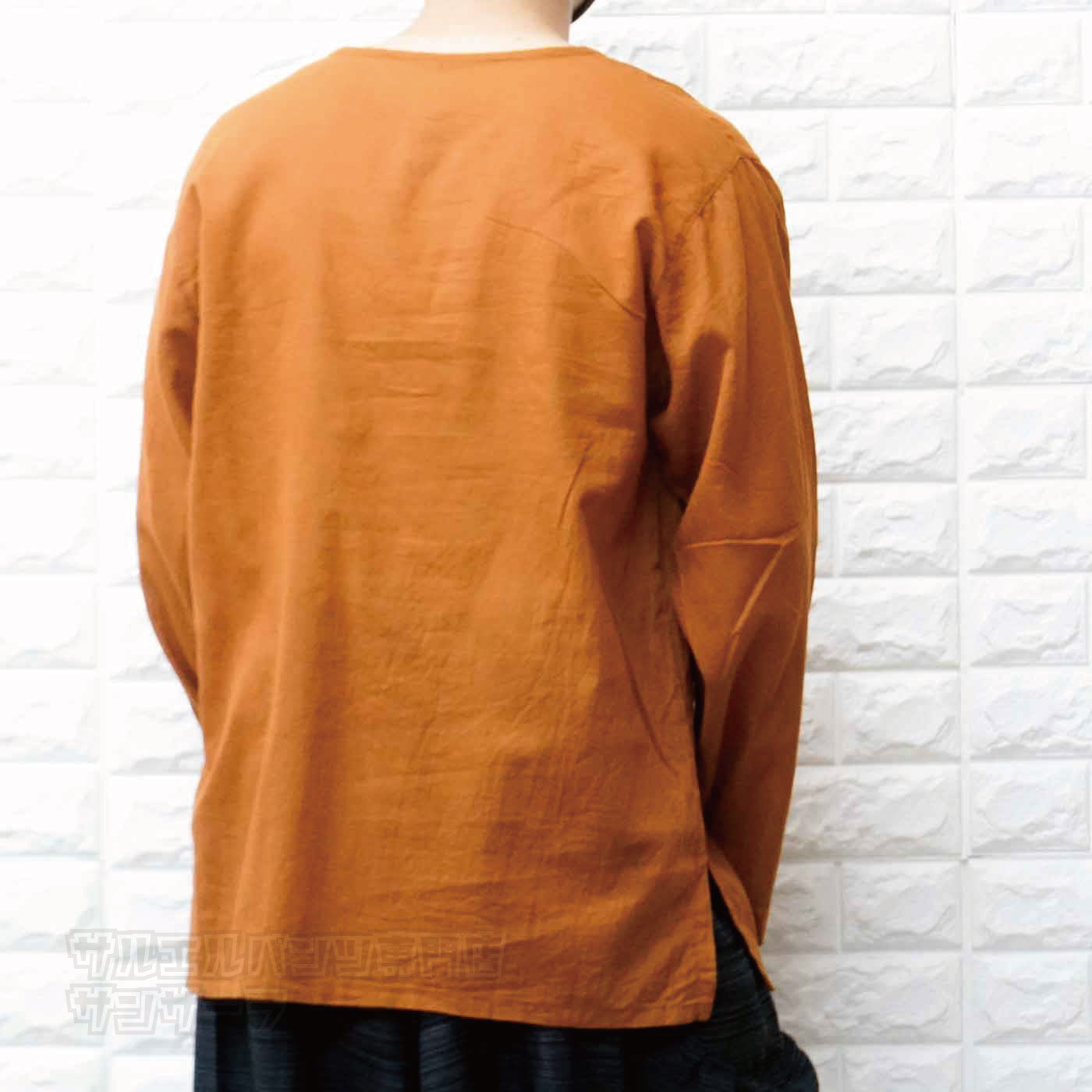エスニック Tシャツ 長袖 クルタシャツ トップス メンズ レディース ユニセックス ハス 蓮の花 大きめサイズ ゆったり アジアン ファッションブラック